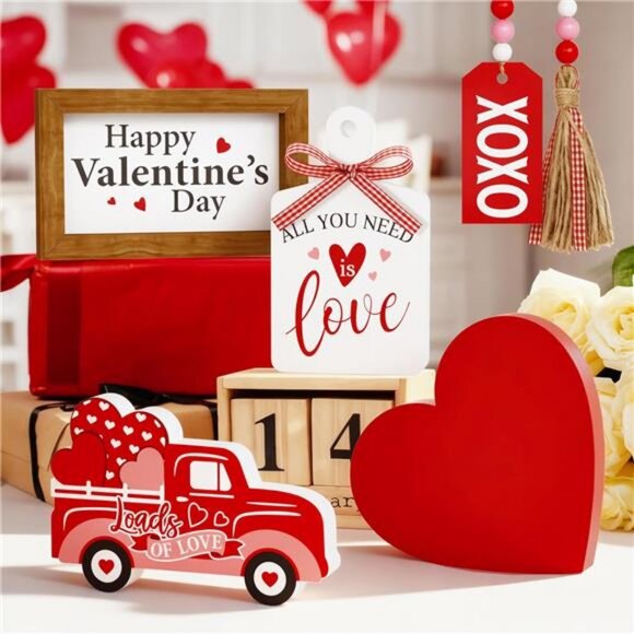 Valentine's Day Tiered Tray Decor Set 5 Pcs Heart Wooden Signs XOXO Bead - Picture 5 of 8